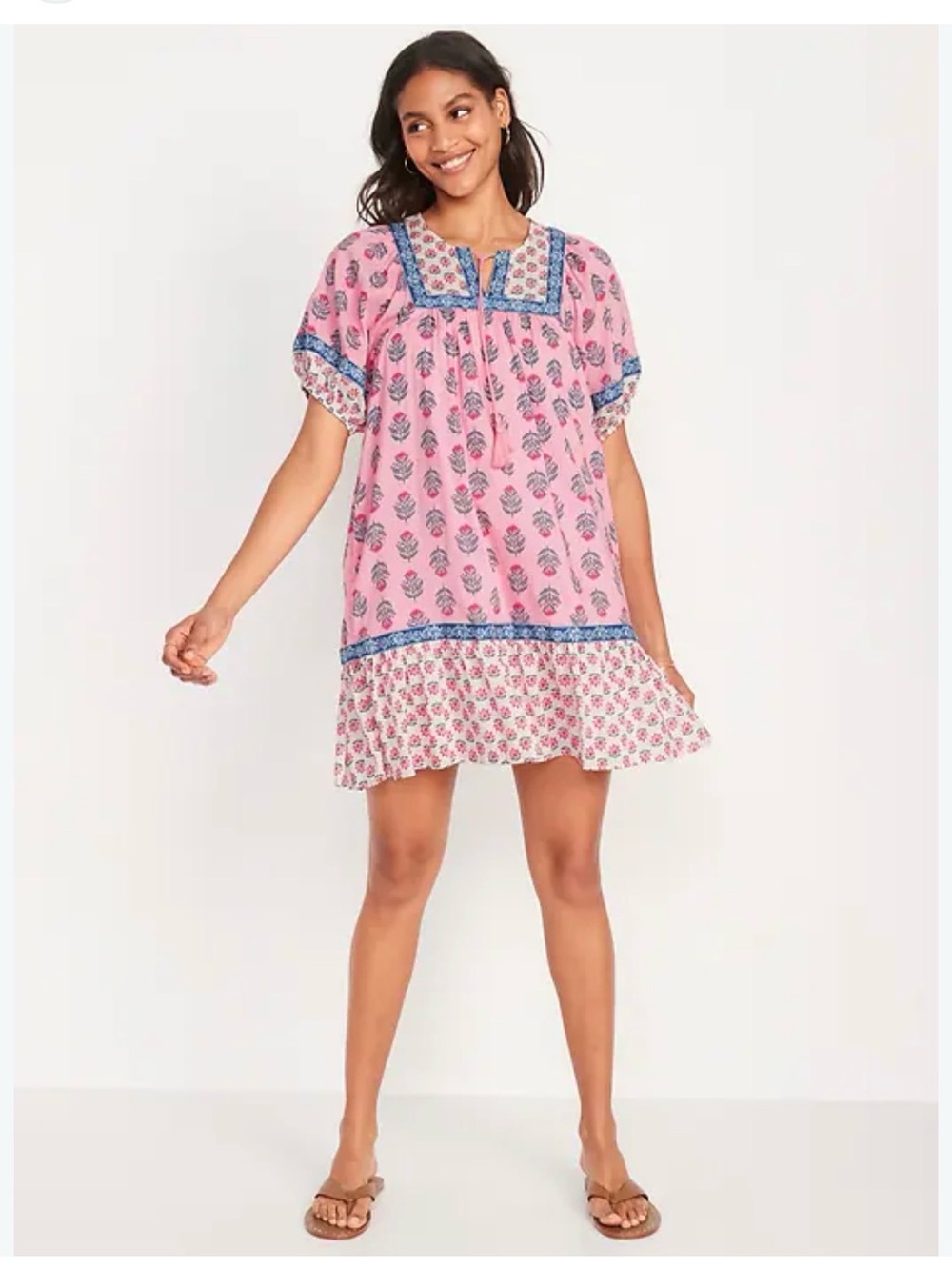 Old Navy Pink Cotton Puff Sleeve Mini Dress Cottagecore Praire Peasant Women’s M